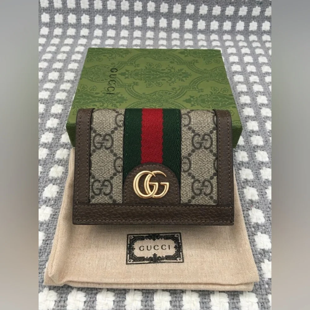 Gucci GG Supreme Bi-fold Card Wallet with Web Stripe - Brown/Beige/Green/Red